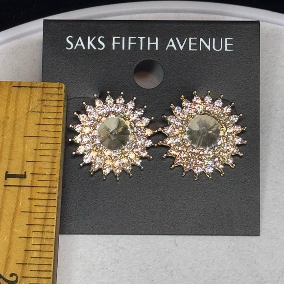 Saks Fifth Ave Gold Tone Star Burst Crystal Post Earrings .75in - Picture 5 of 7